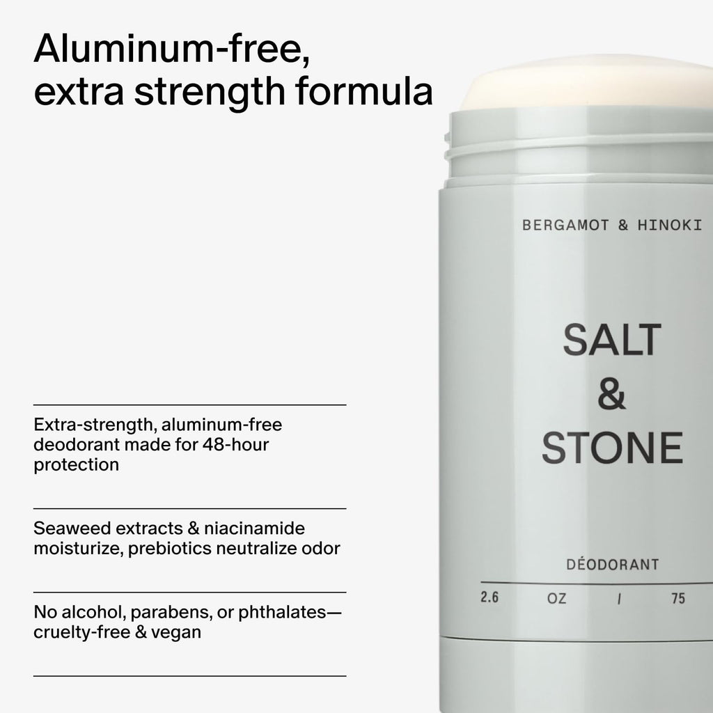 Salt & Stone Aluminum Free Deodorant | Extra Strength 48 Hour Protection for Women & Men | Made with Seaweed Extracts, Niacinamide & Prebiotics | Santal & Vetiver