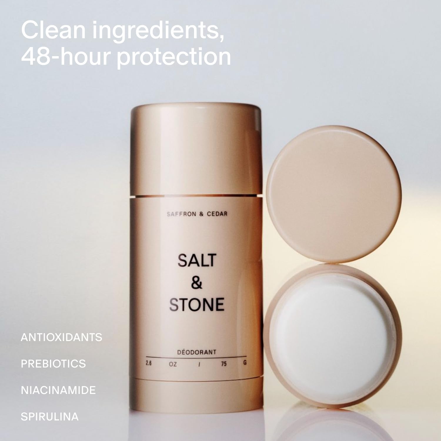 Salt & Stone Aluminum Free Deodorant | Extra Strength 48 Hour Protection for Women & Men | Made with Seaweed Extracts, Niacinamide & Prebiotics | Santal & Vetiver