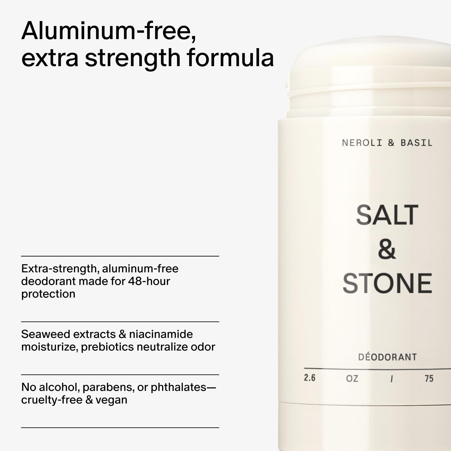 Salt & Stone Aluminum Free Deodorant | Extra Strength 48 Hour Protection for Women & Men | Made with Seaweed Extracts, Niacinamide & Prebiotics | Santal & Vetiver