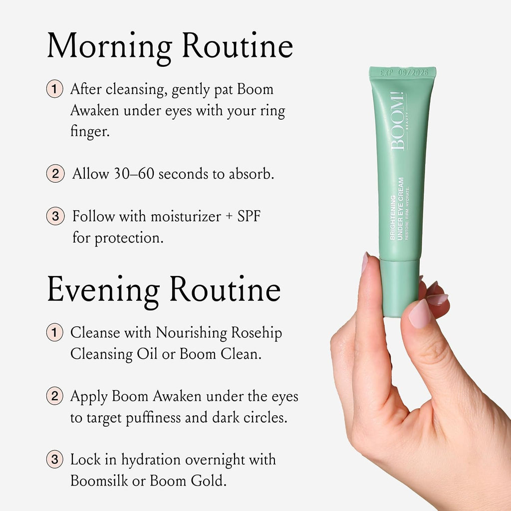 Boom Awaken Cooling Under Eye Cream, 0.5 oz | Targets Puffiness & Uneven Tone, Vitamin C, Licorice Root, Wild Mint, Green Tea & Hyaluronic Acid, Lightweight & Refreshing